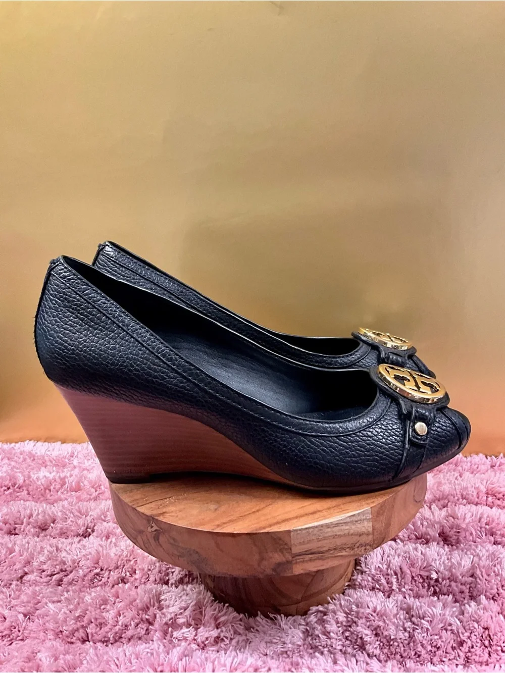 Tory Burch Black Peep-Toe Leather Pumps with Gold Logo Medallion